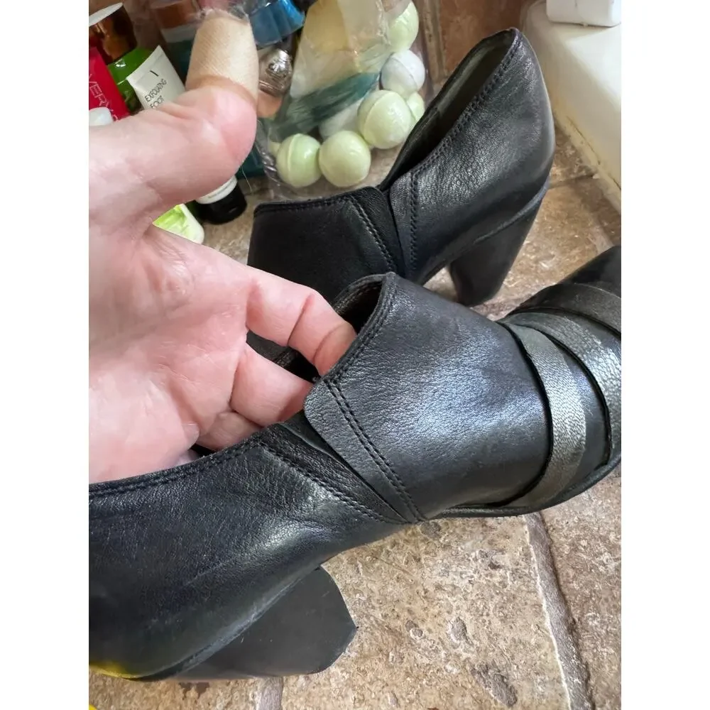 Black and silver low heel leather booties